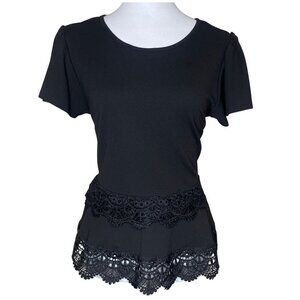 Haute Monde Black Peplum Lace Hem Pleated Short Sleeve Blouse Sz Medium Feminine